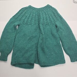 Vintage Hand Knit Teal Wool Blend Cable Yoke Open Front Cardigan Sweater Pockets